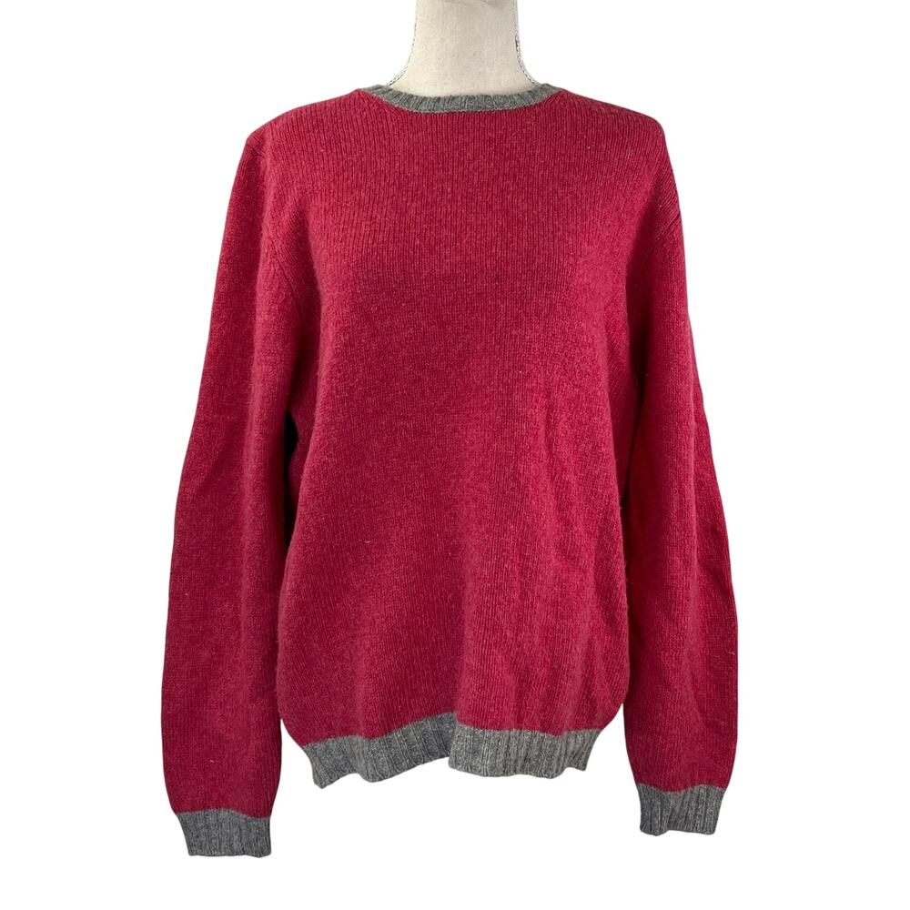 Italian Fine Merino Wool Contrast Crewneck Sweater Colorblock Red